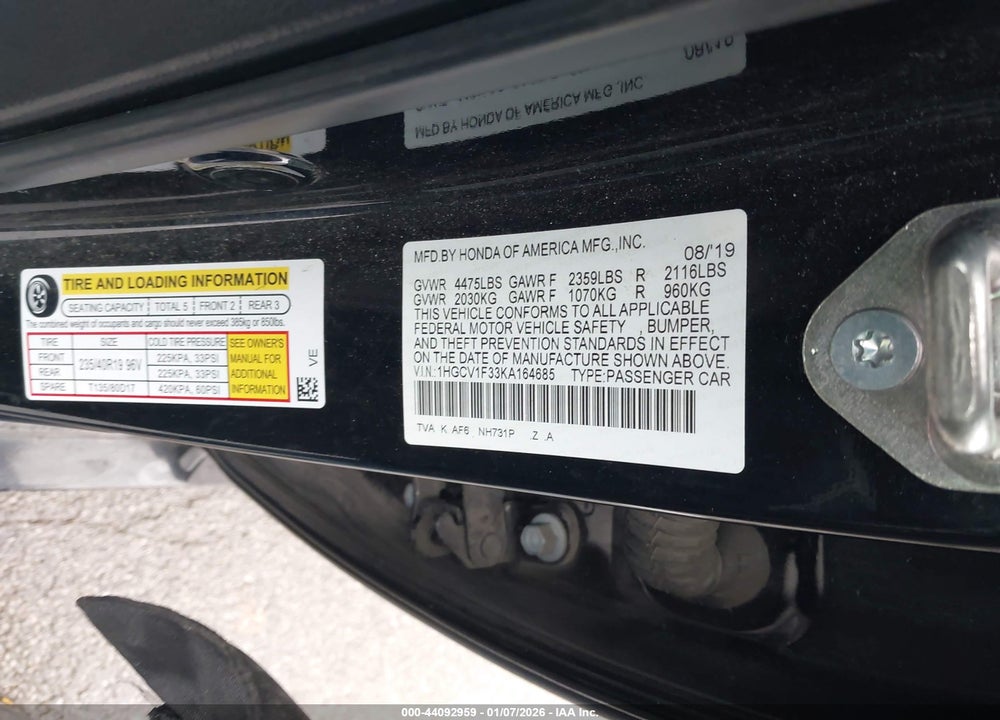 2019 HONDA ACCORD SPORT VIN: 1HGCV1F33KA164685