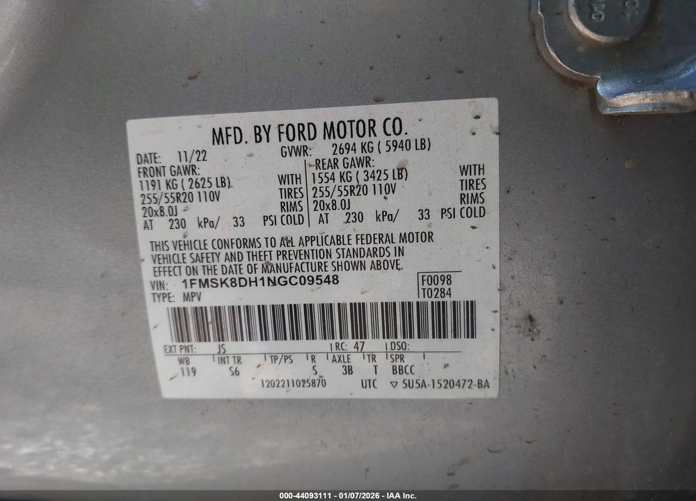 2022 FORD EXPLORER XLT VIN: 1FMSK8DH1NGC09548