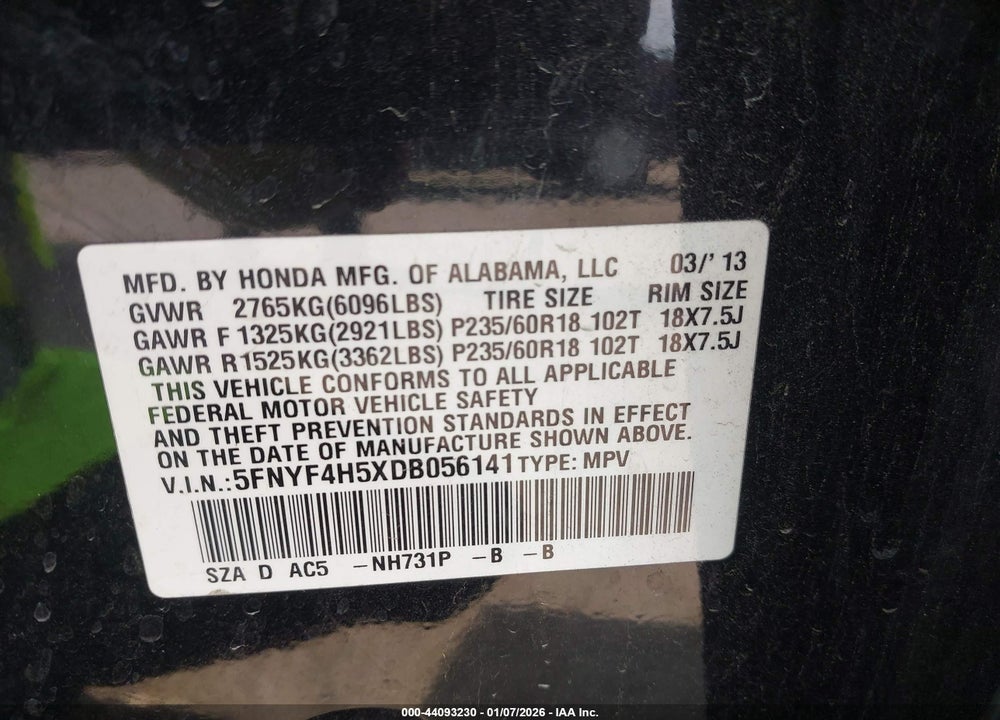 2013 HONDA PILOT EX-L VIN: 5FNYF4H5XDB056141