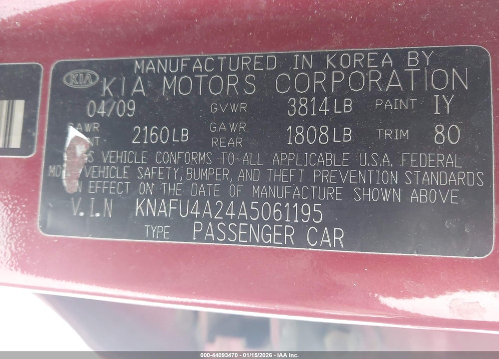 2010 KIA FORTE EX VIN: KNAFU4A24A5061195
