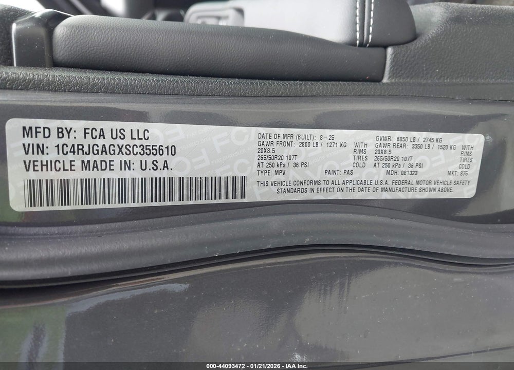 2025 JEEP GRAND CHEROKEE ALTITUDE 4X2 VIN: 1C4RJGAGXSC355610