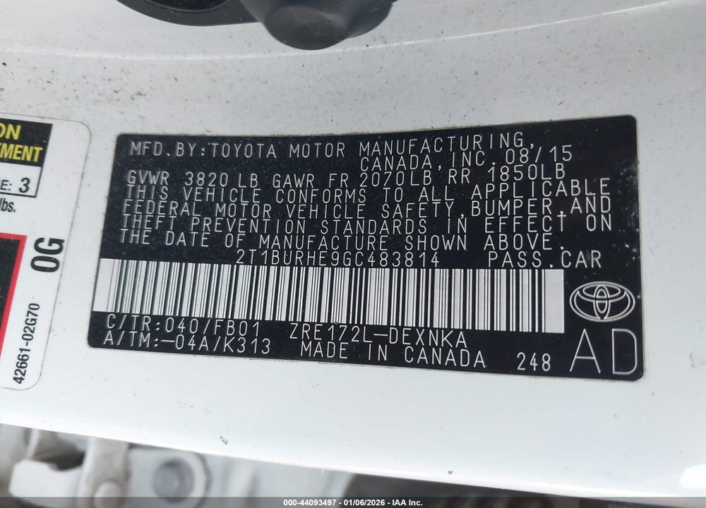 2016 TOYOTA COROLLA LE VIN: 2T1BURHE9GC483814