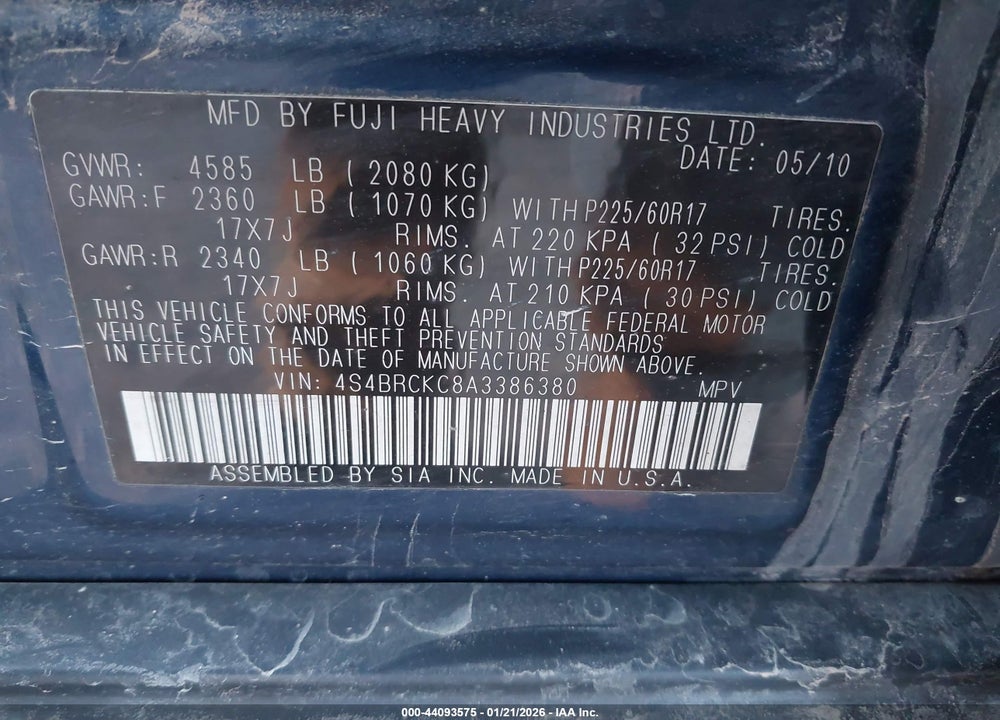 2010 SUBARU OUTBACK 2.5I LIMITED VIN: 4S4BRCKC8A3386380