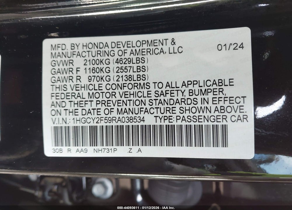 2024 HONDA ACCORD HYBRID SPORT VIN: 1HGCY2F59RA038534