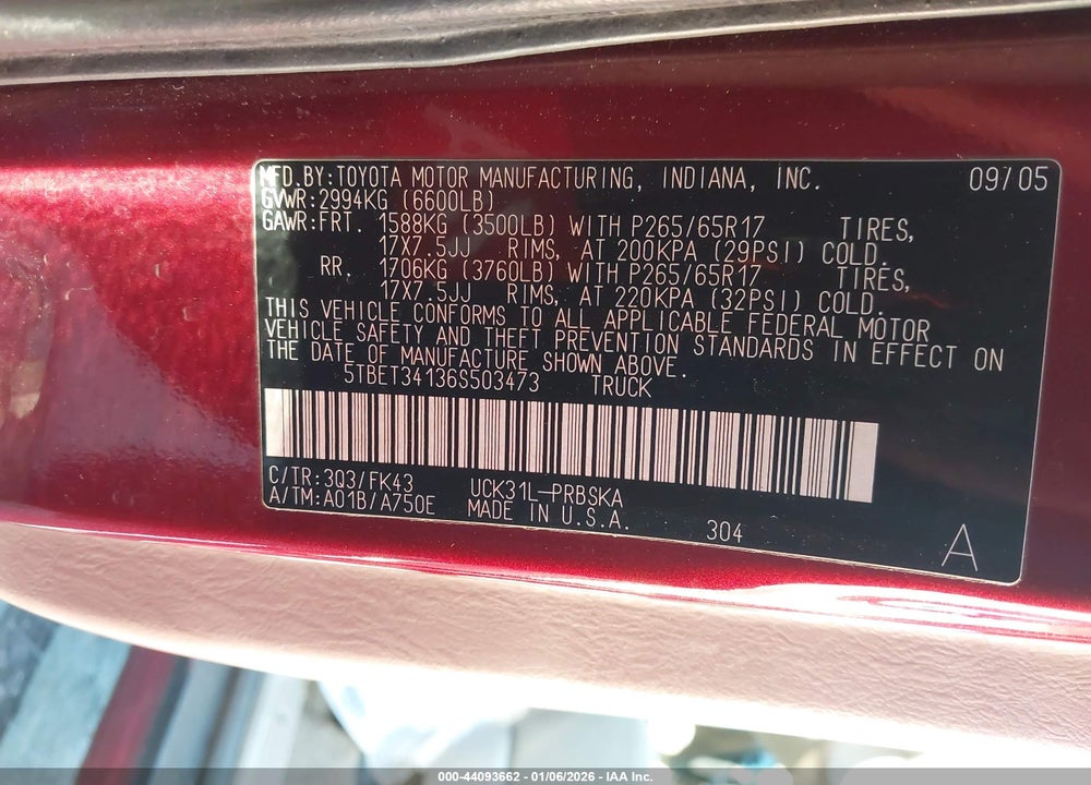 2006 TOYOTA TUNDRA SR5 V8 VIN: 5TBET34136S503473