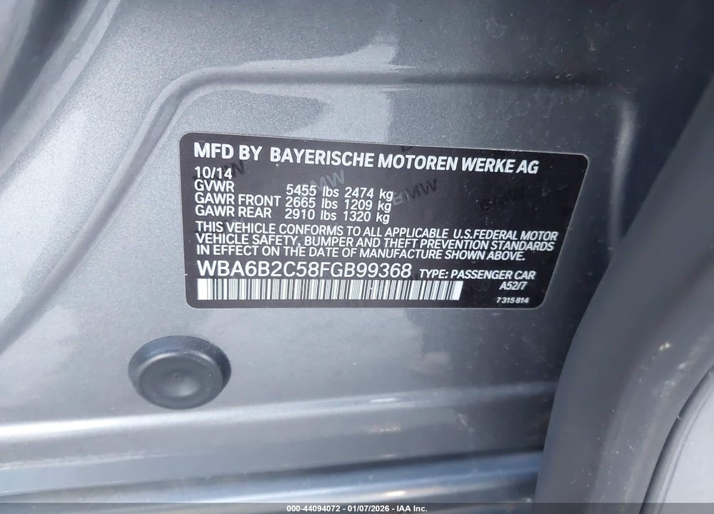 2015 BMW 650I GRAN COUPE VIN: WBA6B2C58FGB99368
