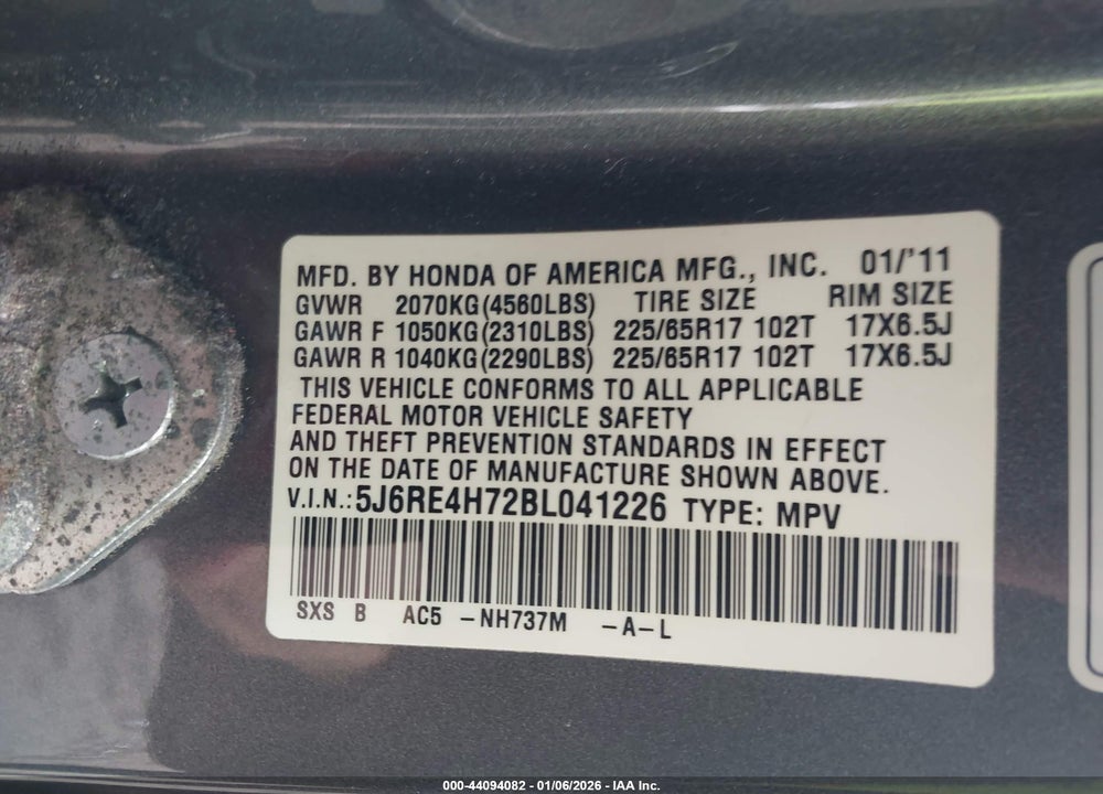 2011 HONDA CR-V EX-L VIN: 5J6RE4H72BL041226