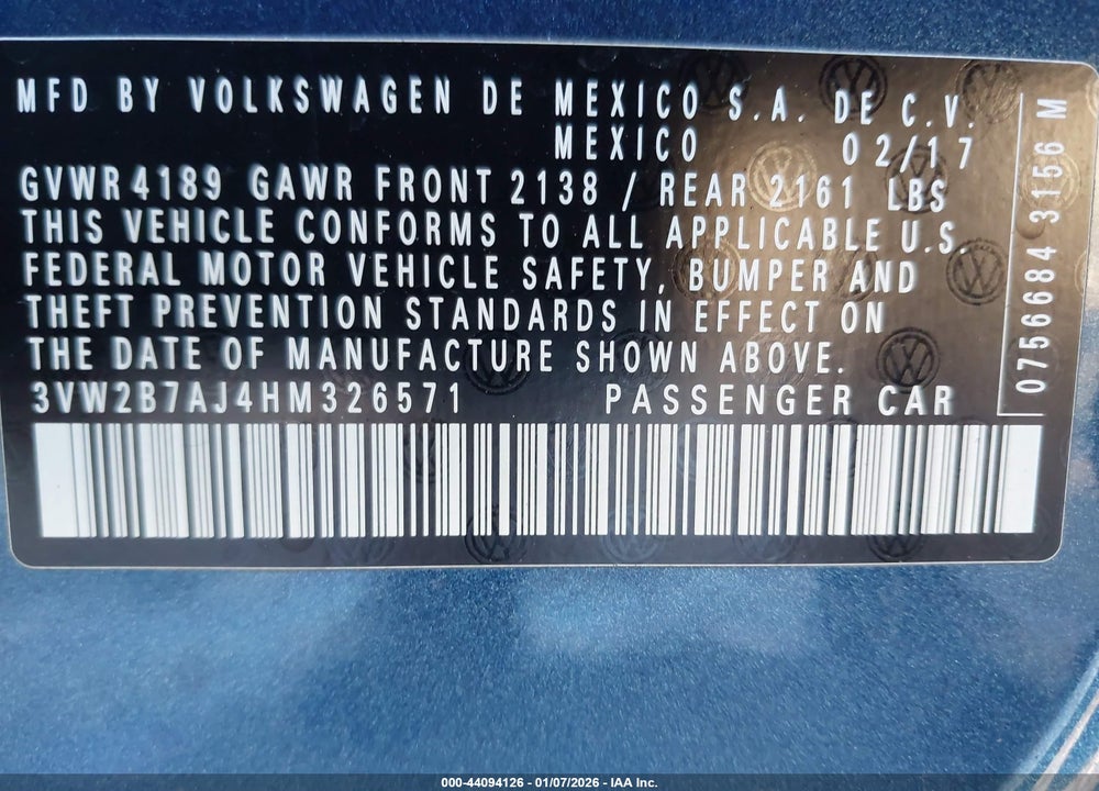 2017 VOLKSWAGEN JETTA 1.4T S VIN: 3VW2B7AJ4HM326571