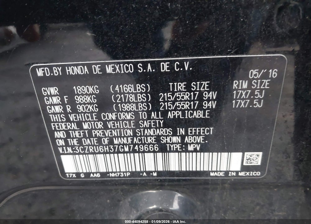 2016 HONDA HR-V LX VIN: 3CZRU6H37GM749666