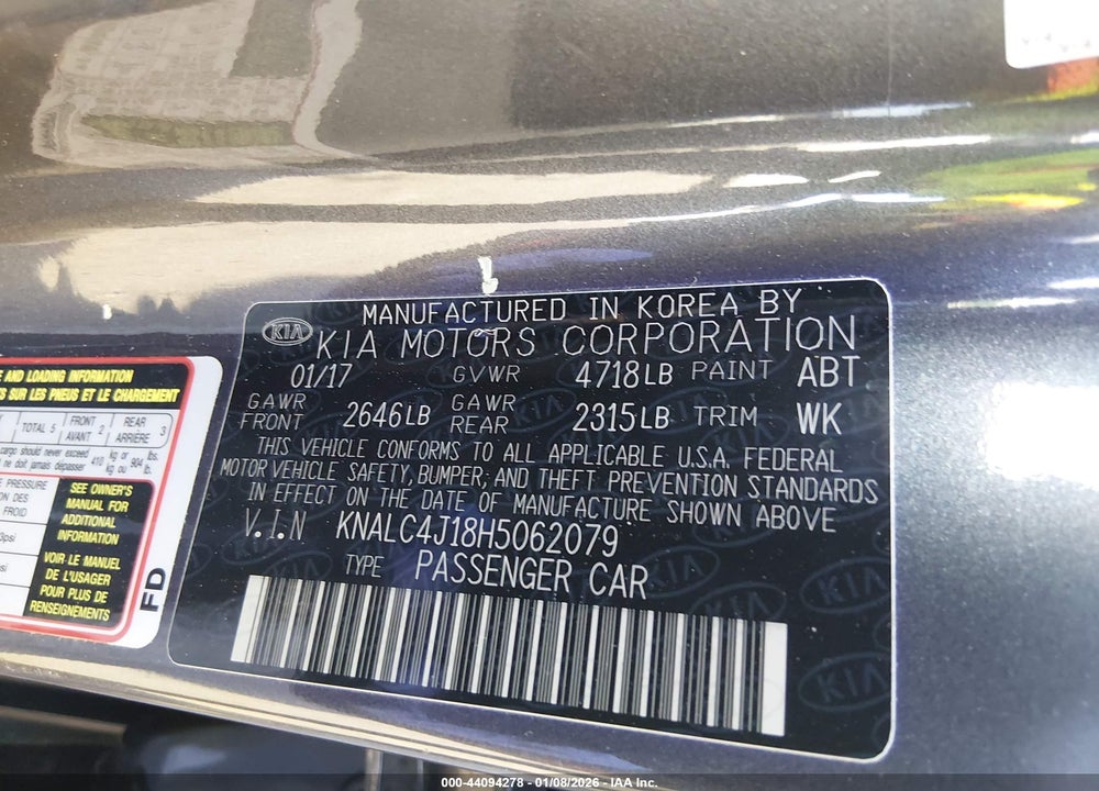 2017 KIA CADENZA TECHNOLOGY VIN: KNALC4J18H5062079