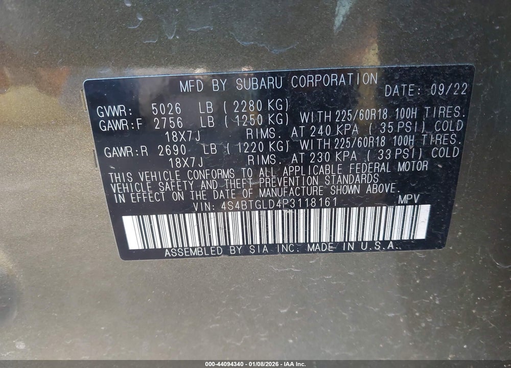 2023 SUBARU OUTBACK ONYX EDITION XT VIN: 4S4BTGLD4P3118161