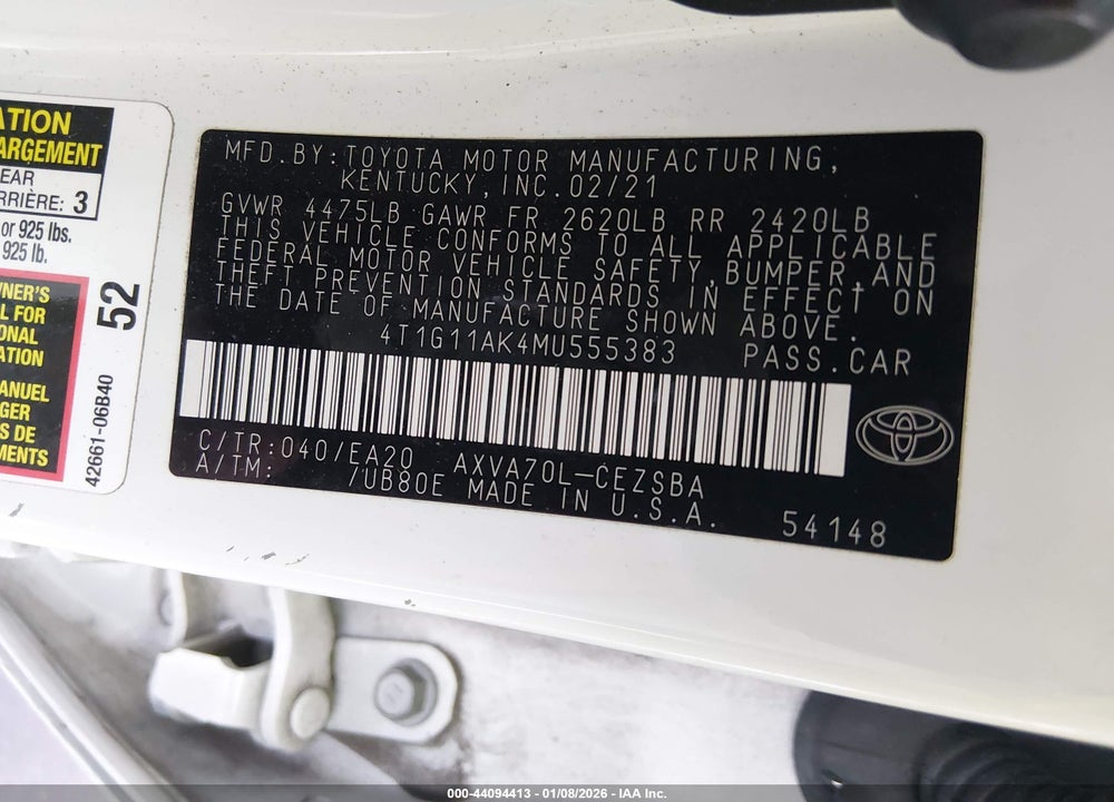 2021 TOYOTA CAMRY SE VIN: 4T1G11AK4MU555383