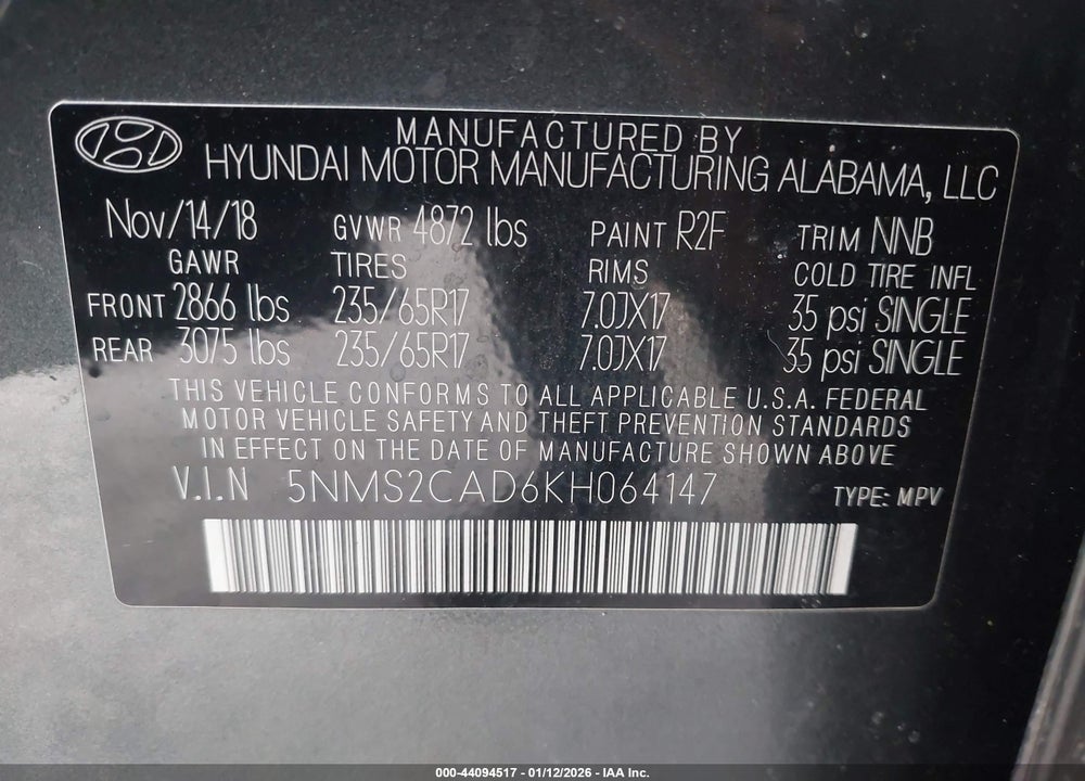 2019 HYUNDAI SANTA FE SE VIN: 5NMS2CAD6KH064147