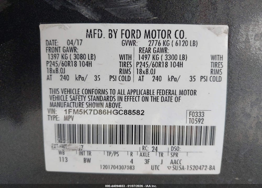 2017 FORD EXPLORER XLT VIN: 1FM5K7D86HGC88582