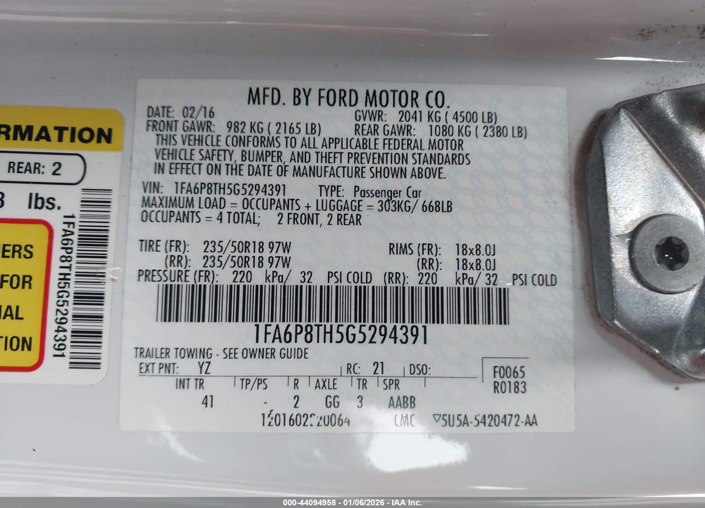 2016 FORD MUSTANG ECOBOOST VIN: 1FA6P8TH5G5294391