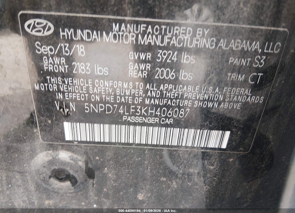 2019 HYUNDAI ELANTRA SE VIN: 5NPD74LF3KH406087