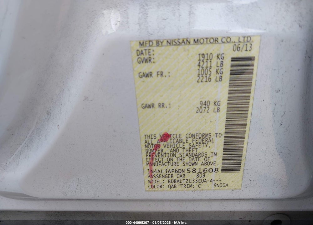 2013 NISSAN ALTIMA 2.5 SV VIN: 1N4AL3AP6DN581608