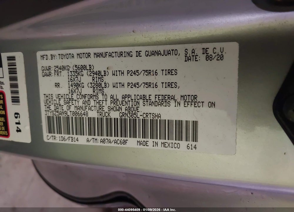 2020 TOYOTA TACOMA SR V6 VIN: 3TYSZ5AN9LT006648
