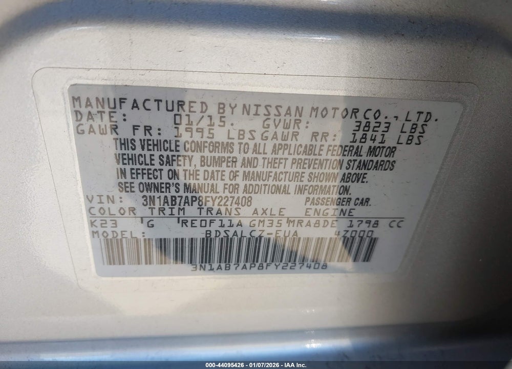 2015 NISSAN SENTRA S VIN: 3N1AB7AP8FY227408