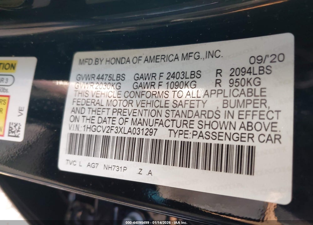 2020 HONDA ACCORD SPORT VIN: 1HGCV2F3XLA031297
