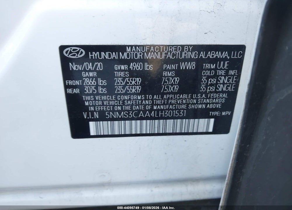 2020 HYUNDAI SANTA FE SEL 2.0T VIN: 5NMS3CAA4LH301531