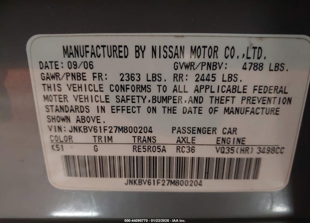 2007 INFINITI G35X VIN: JNKBV61F27M800204