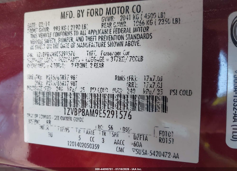 2014 FORD MUSTANG V6 VIN: 1ZVBP8AM9E5291576