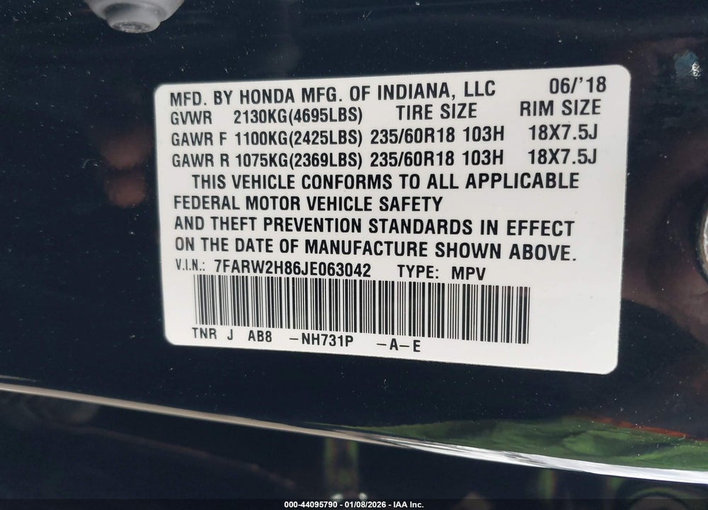 2018 HONDA CR-V EX-L/EX-L NAVI VIN: 7FARW2H86JE063042
