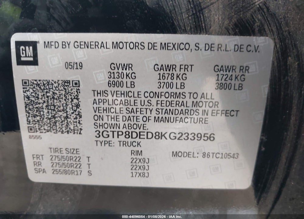 2019 GMC SIERRA 1500 SLT VIN: 3GTP8DED8KG233956