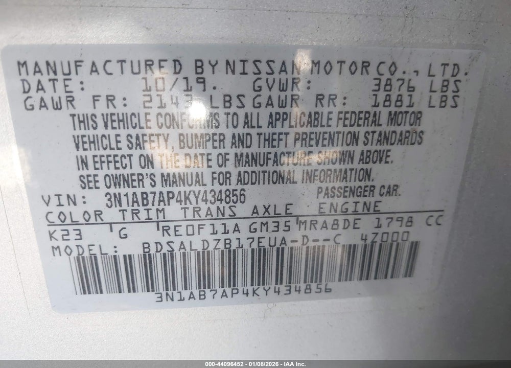 2019 NISSAN SENTRA SV VIN: 3N1AB7AP4KY434856