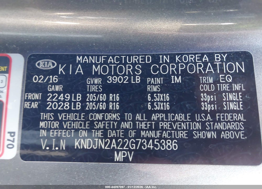 2016 KIA SOUL VIN: KNDJN2A22G7345386