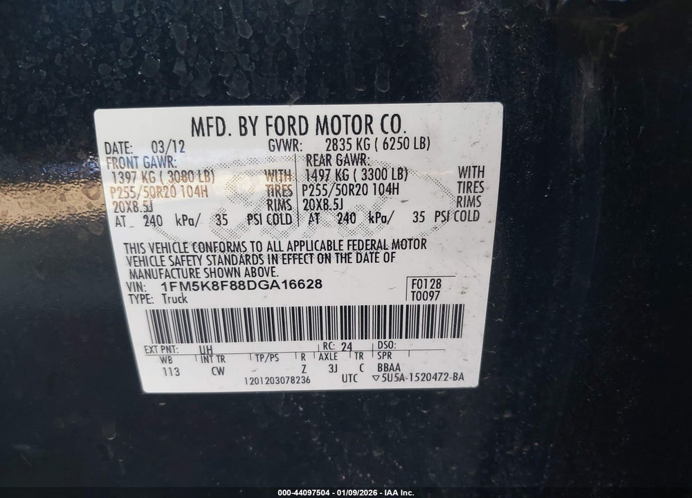 2013 FORD EXPLORER LIMITED VIN: 1FM5K8F88DGA16628