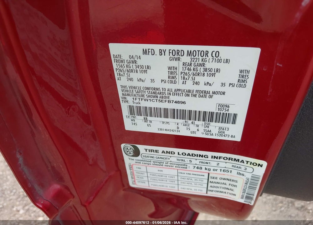 2014 FORD F-150 XLT VIN: 1FTFW1CT5EFB74896