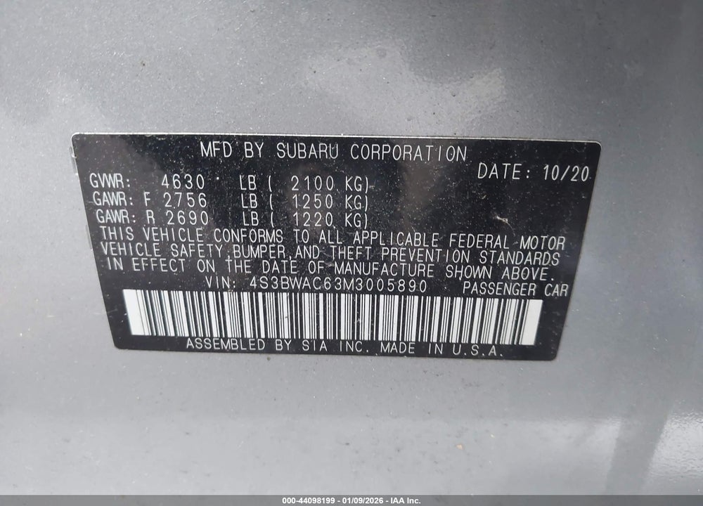 2021 SUBARU LEGACY PREMIUM VIN: 4S3BWAC63M3005890