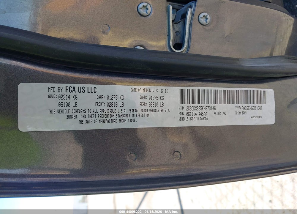 2019 DODGE CHARGER SXT RWD VIN: 2C3CDXBG5KH673146