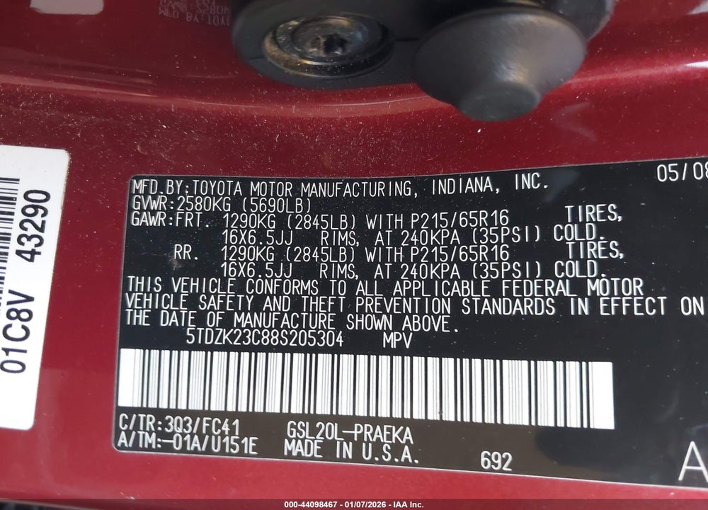 2008 TOYOTA SIENNA LE VIN: 5TDZK23C88S205304