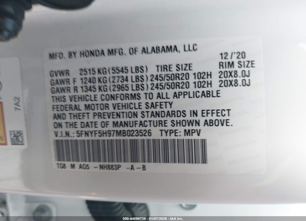 2021 HONDA PILOT 2WD TOURING 8 PASSENGER VIN: 5FNYF5H97MB023526