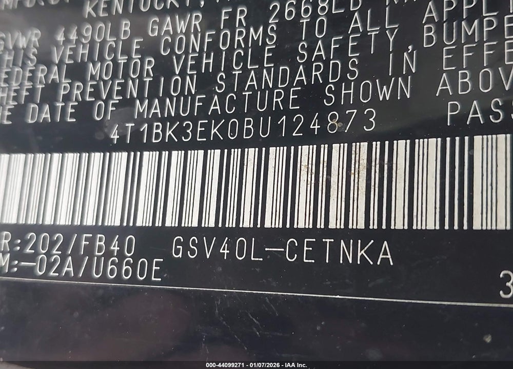 2011 TOYOTA CAMRY SE/LE/XLE VIN: 4T1BK3EK0BU124873
