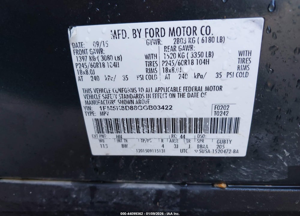 2016 FORD EXPLORER XLT VIN: 1FM5K8D88GGB03422