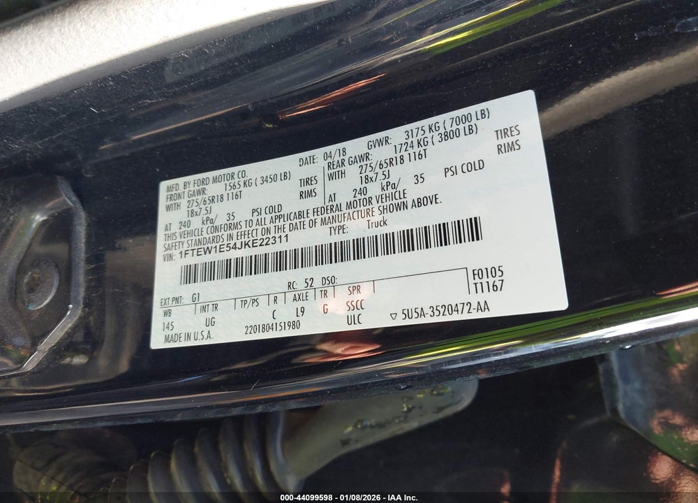 2018 FORD F-150 XLT VIN: 1FTEW1E54JKE22311