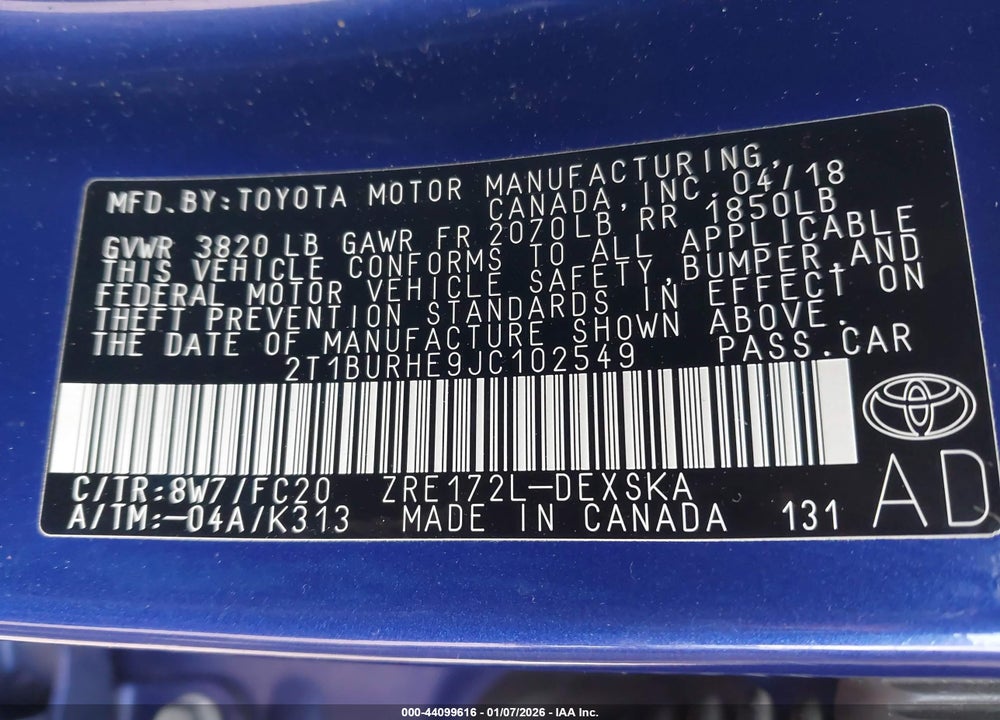 2018 TOYOTA COROLLA SE VIN: 2T1BURHE9JC102549