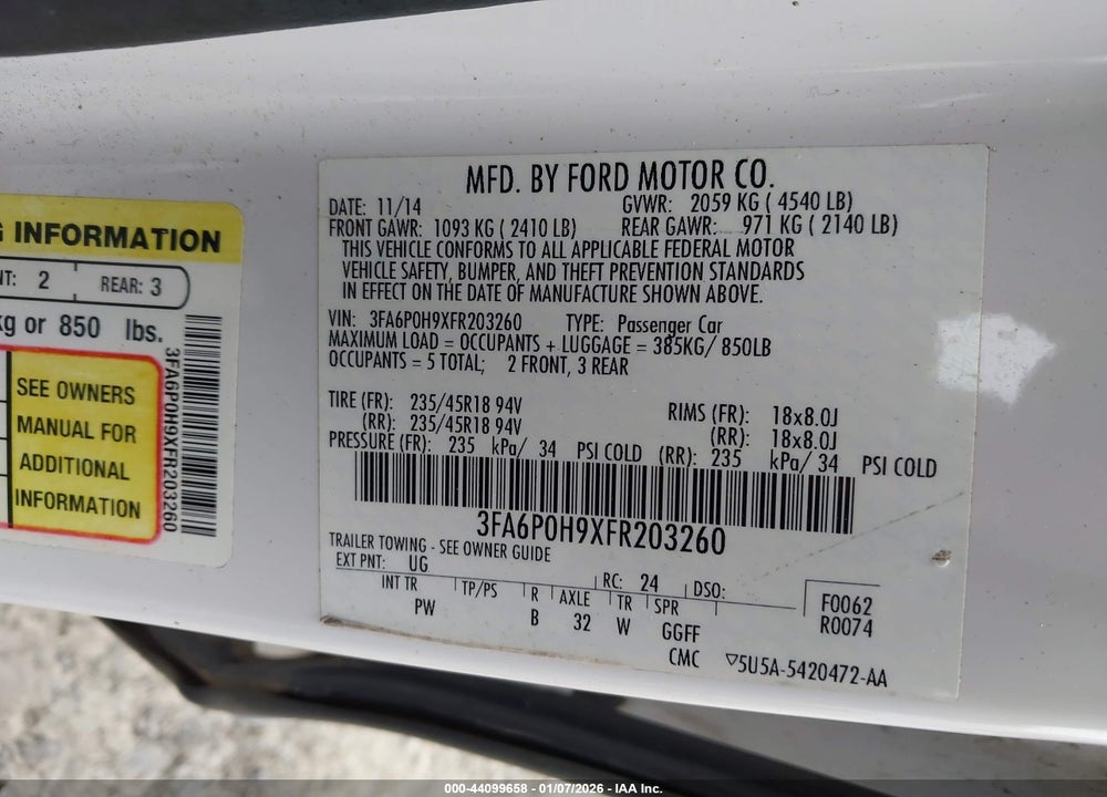 2015 FORD FUSION SE VIN: 3FA6P0H9XFR203260