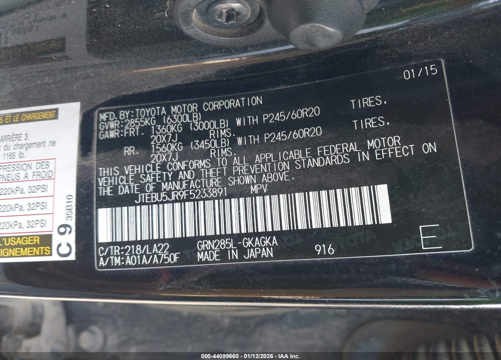 2015 TOYOTA 4RUNNER LIMITED VIN: JTEBU5JR9F5233891
