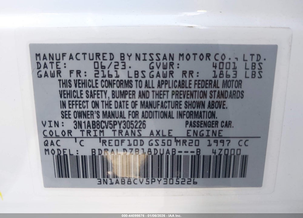 2023 NISSAN SENTRA SV XTRONIC CVT VIN: 3N1AB8CV5PY305226