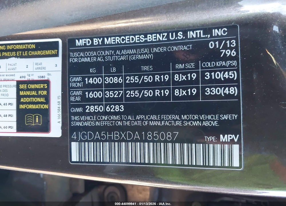 2013 MERCEDES-BENZ ML 350 4MATIC VIN: 4JGDA5HBXDA185087