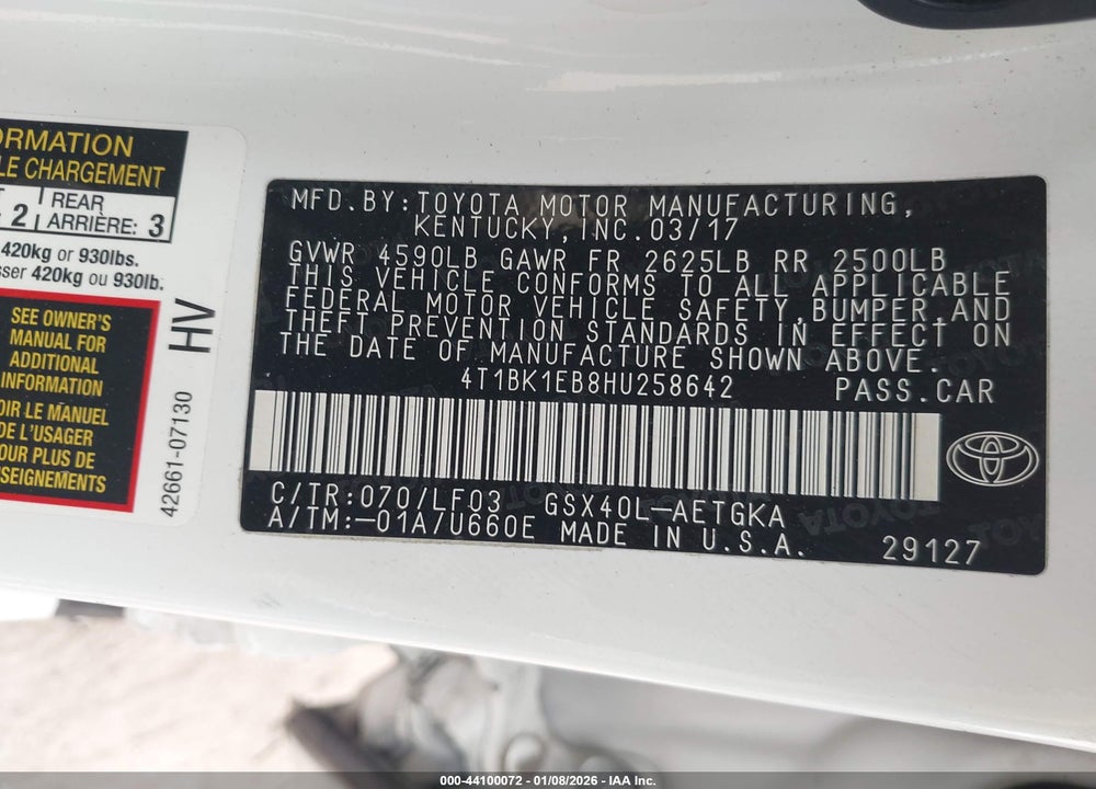 2017 TOYOTA AVALON XLE PREMIUM VIN: 4T1BK1EB8HU258642