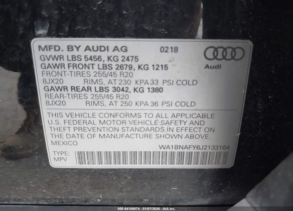 2018 AUDI Q5 2.0T PREMIUM/2.0T TECH PREMIUM VIN: WA1BNAFY6J2133164