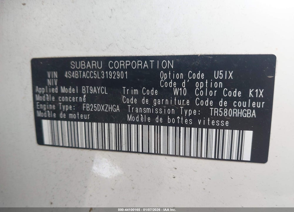 2020 SUBARU OUTBACK PREMIUM VIN: 4S4BTACC5L3192901
