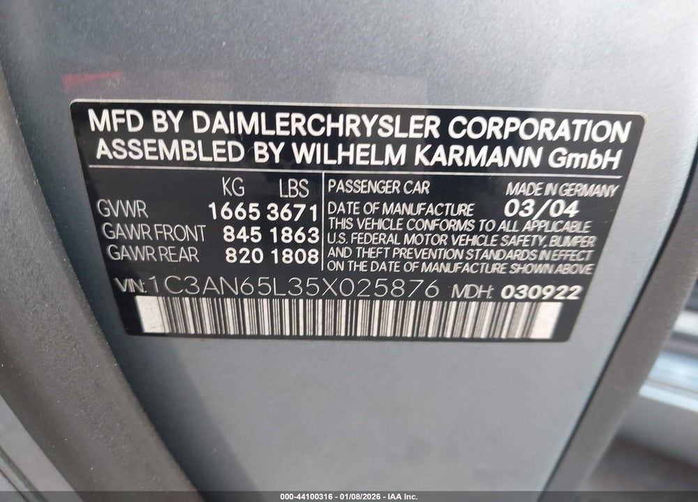 2005 CHRYSLER CROSSFIRE LIMITED VIN: 1C3AN65L35X025876