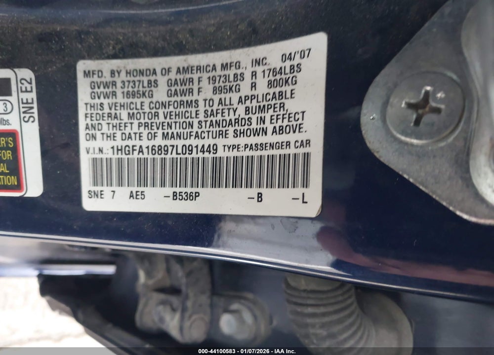 2007 HONDA CIVIC EX VIN: 1HGFA16897L091449